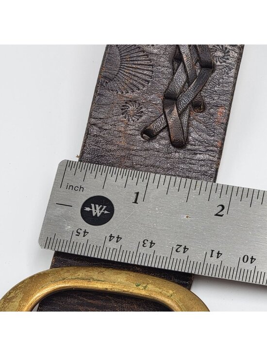 Vtg Y2k J.Crew Tooled Leather Belt With Brass Buckle Dark Brown  Unisex Size 38